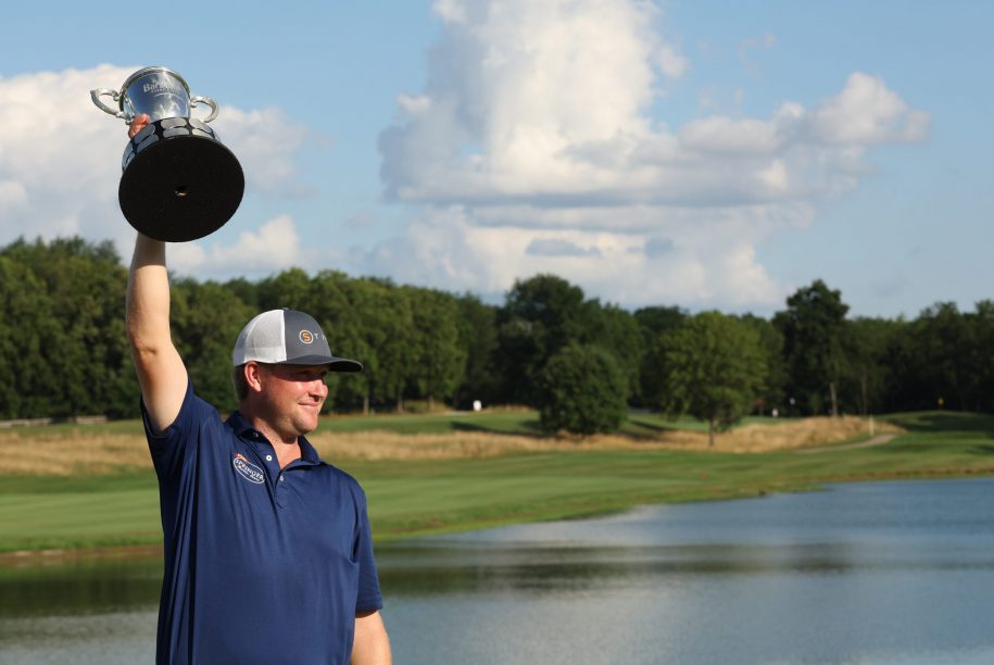 NICHOLASVILLE, KENTUCKY - JULY 10: Trey Mullinax of the United States poses with the trophy after winning the Barbasol Championship at Keene Trace Golf Club on July 10, 2022 in Nicholasville, Kentucky. (Photo by Jamie Squire/Getty Images)